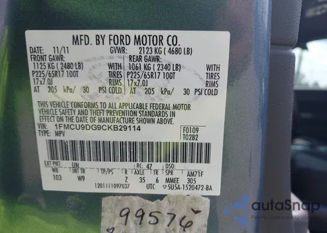 2012 Ford Escape Xlt from USA, damaged, VIN 1FMCU9DG9CKB29114